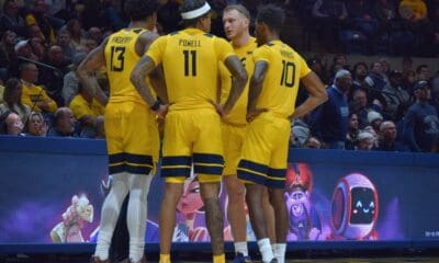 WVU Basketball Tucker DeVries, Amani Hansberry, Jonathan Powell