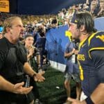 WVU Football QB Nicco Marchiol Celebrate Backyard Brawl Win with his father.
