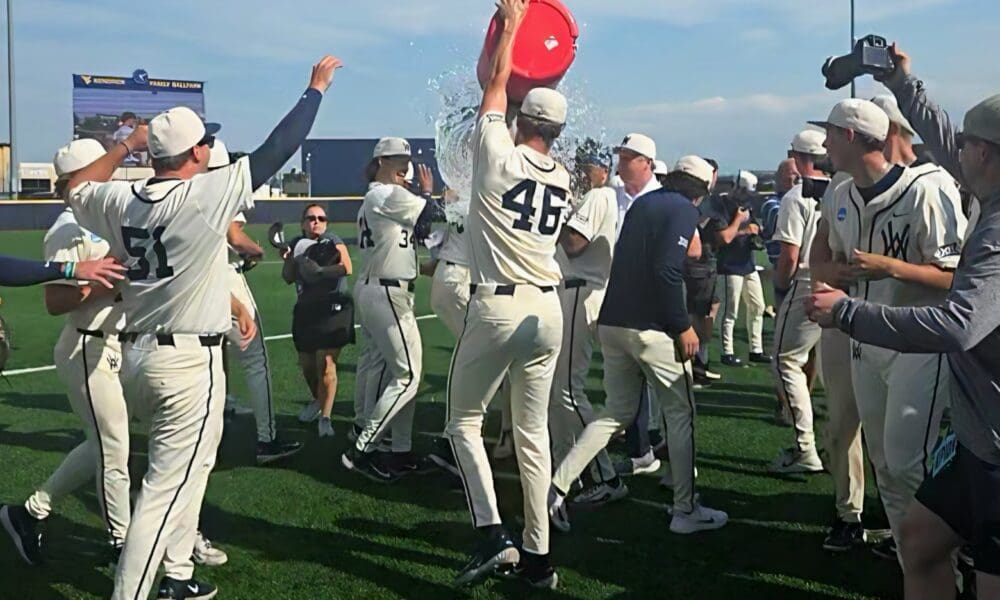 WVU Baseball celebrating Super Regional title
