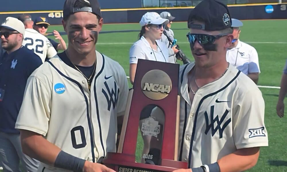 WVU baseball players with Super Regional trophy