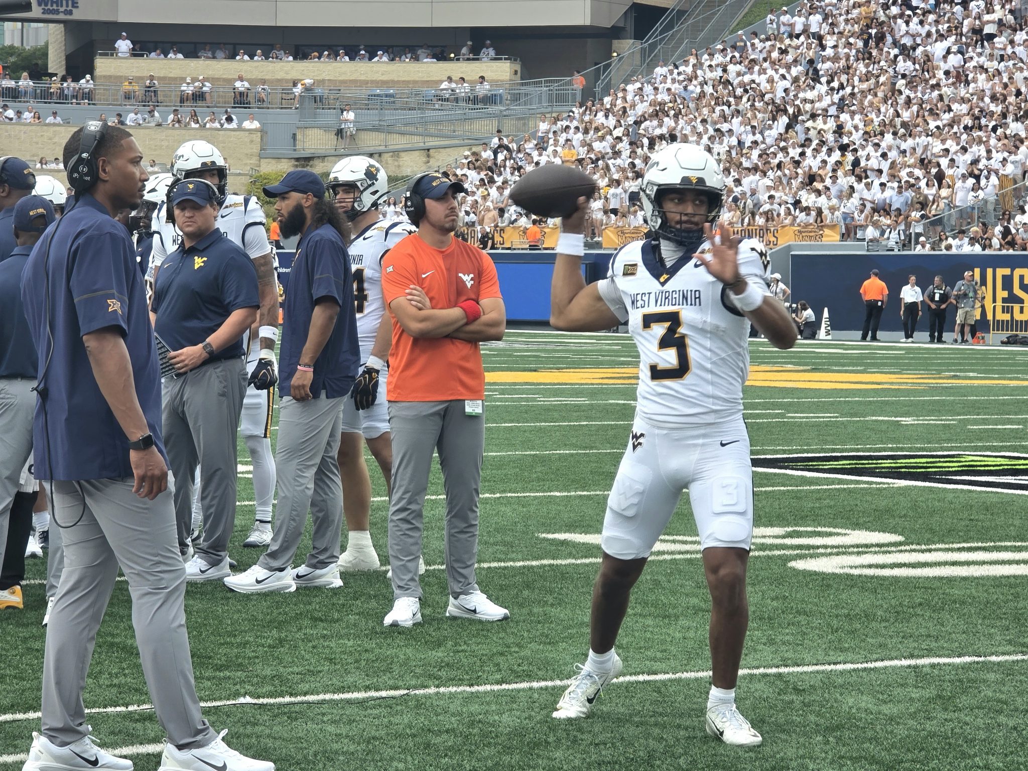 WVU Football QB Michael Hawkins warming up