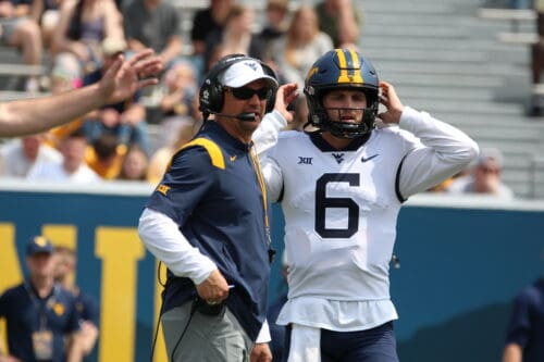 WVU Football Neal Brown and Garrett Greene