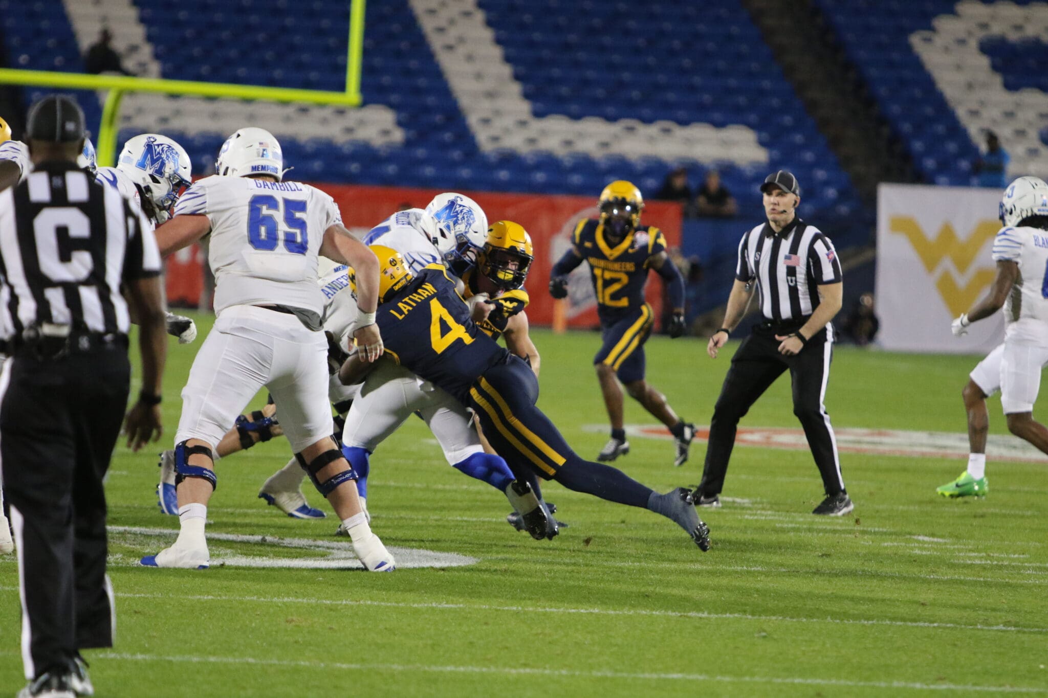 WVU Football LB Trey Lathan tackle against Memphis at Frisco Bowl