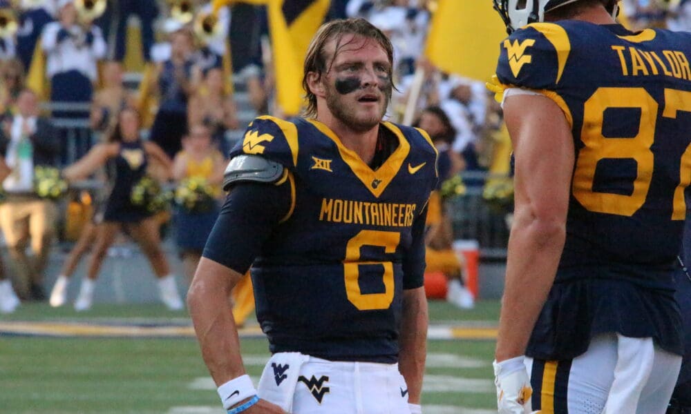 WVU Football QB Garrett Greene no helmet with Kole Taylor