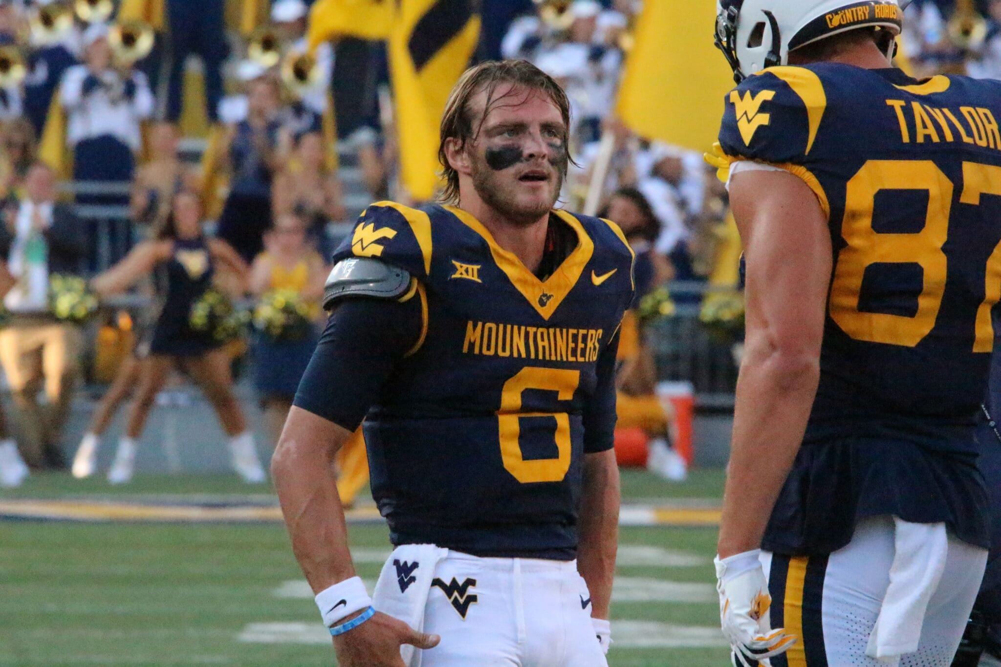 WVU Football QB Garrett Greene no helmet with Kole Taylor