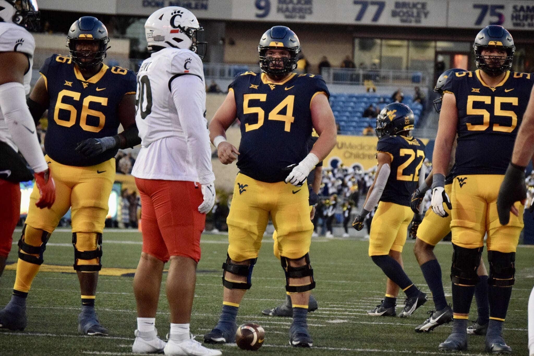 WVU Football Zach Frazer, Ja'Quay Hubbard and Tomas Rimac against Cincinnati