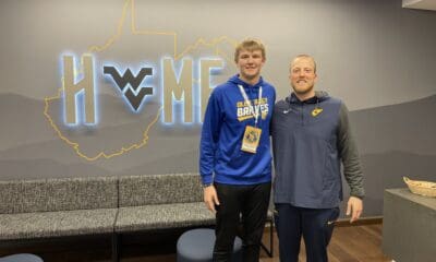 WVU football TE recruit Gavin Grover and tight ends coach Blaine Stewart