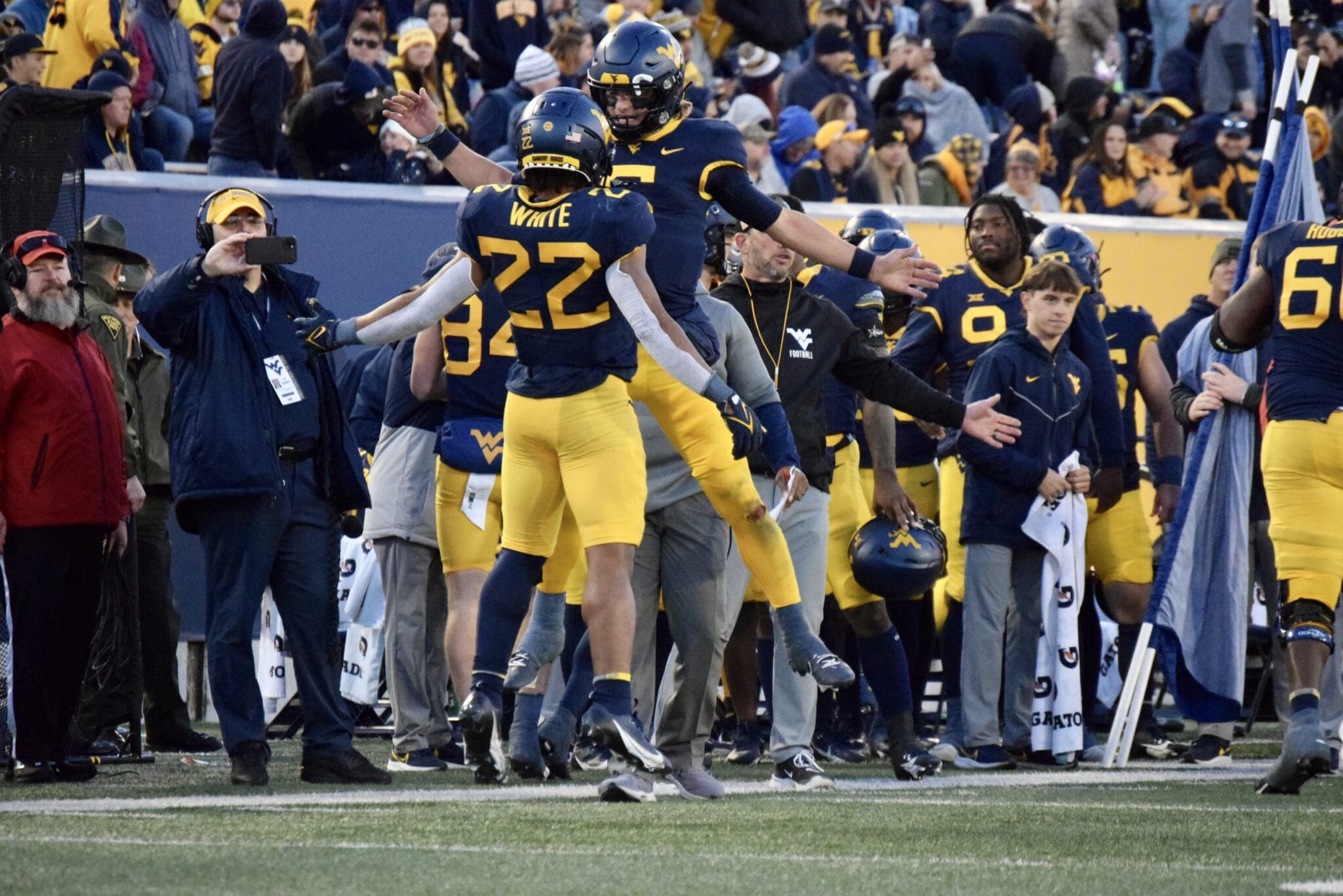 WVU Football Jahiem White and Garrett Greene celebrate