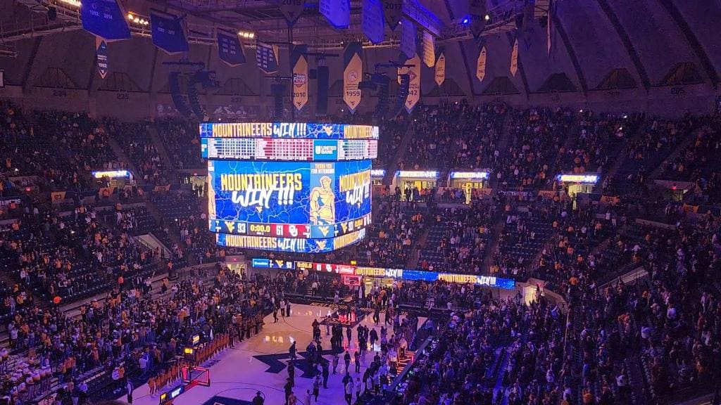 WVU Coliseum after WVU basketball win stock