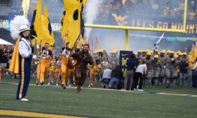 Mountaineer running on WVU Football field with flags