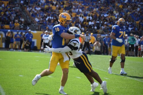 WVU Football Josiah Trotter hits Pitt QB