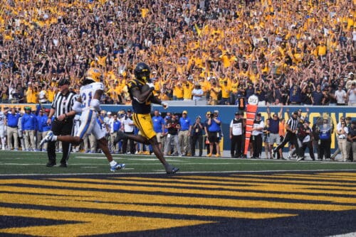 WVU Football RB Tye Edwards scores a touchdown against Pitt in Backyard Brawl