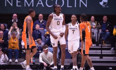 WVU Basketball Eduardo Andre and Javon Small celebrating against Oklahoma State