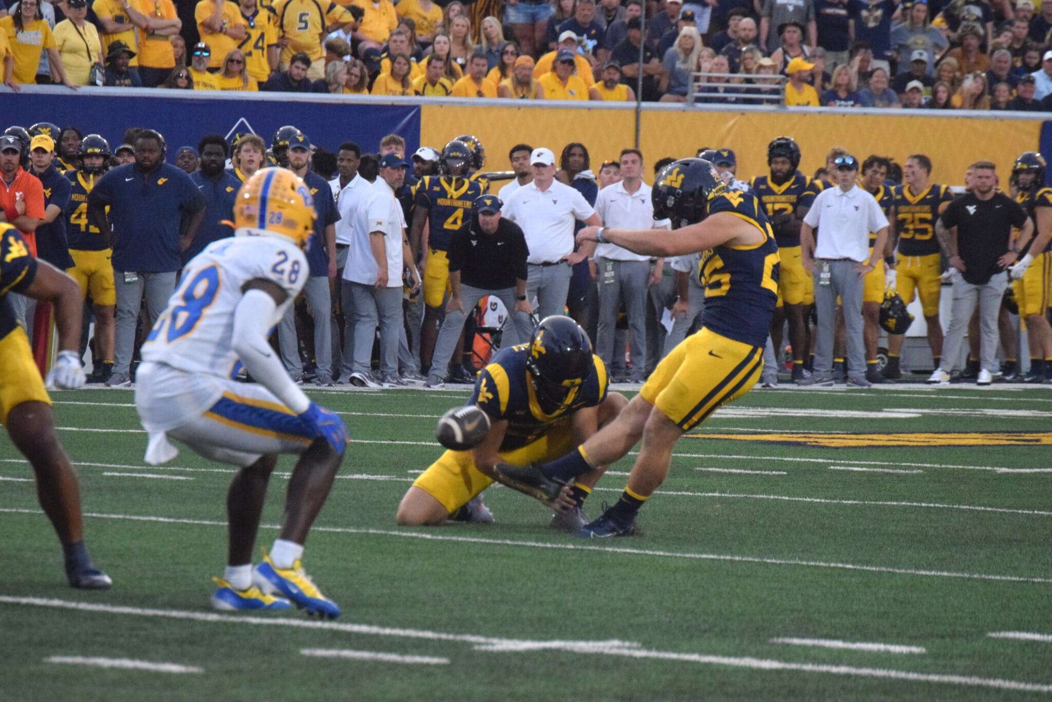 WVU Football kicker Kade Hensley makes a field goal versus Pitt