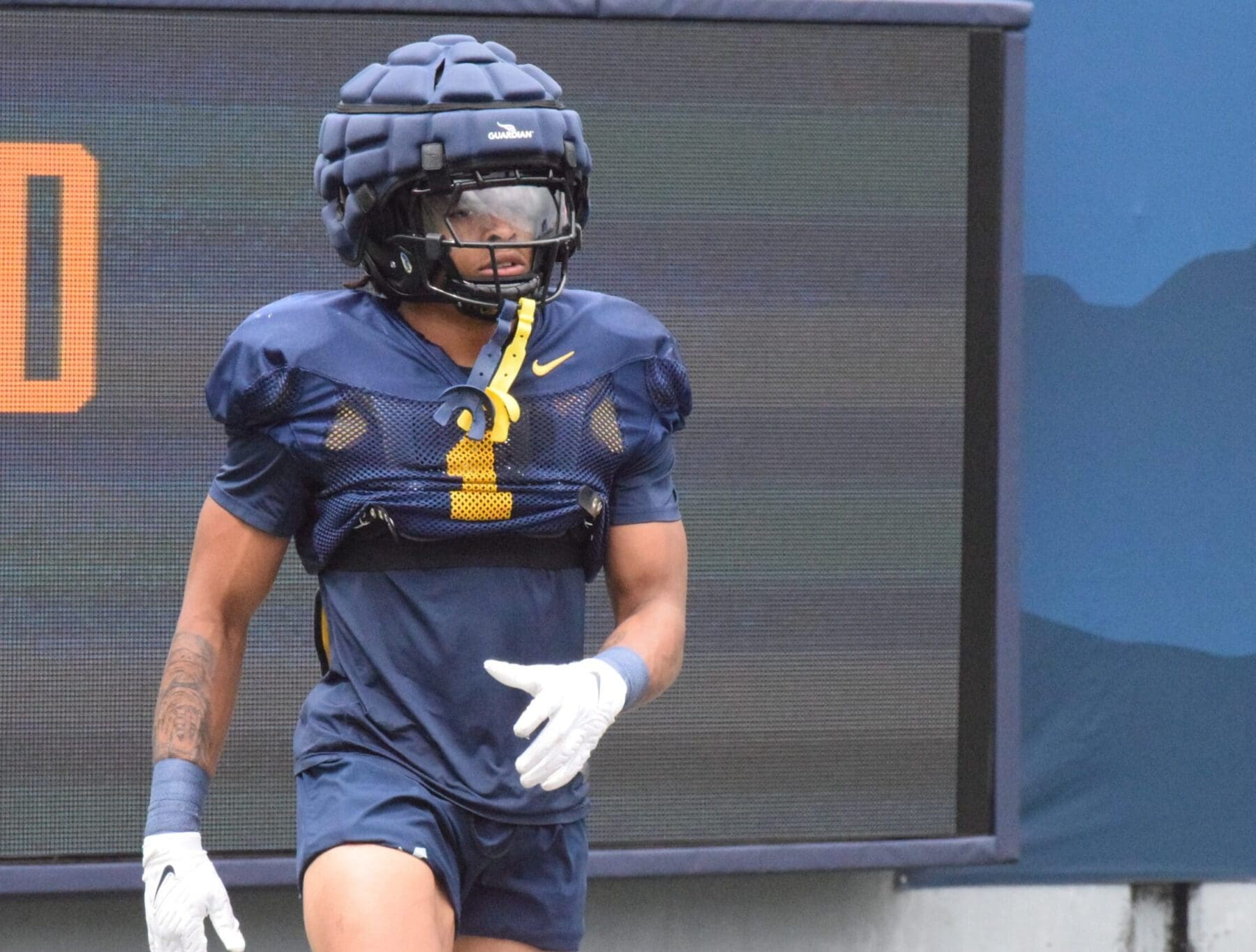 WVU Football RB Jahiem White wearing No. 1 at practice