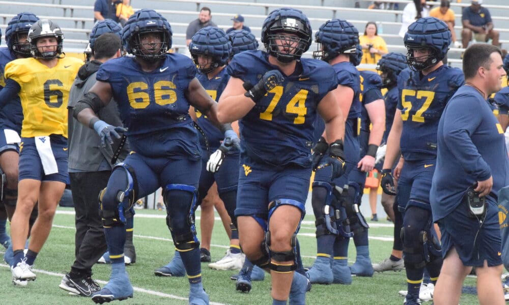 WVU Football Wyatt Milum, Ja’Quay Hubbard, Garrett Greene