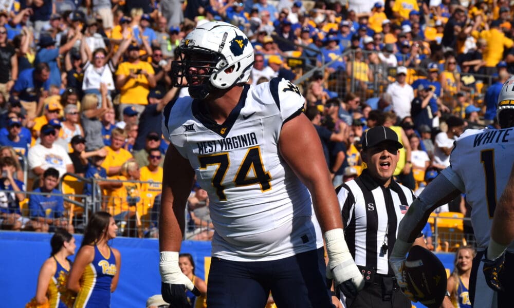 WVU Football OL Wyatt Milum against Pitt