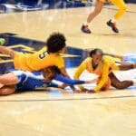 WVU Women's Basketball Sydney Shaw and Jordan Harrison lose ball versus Kentucky