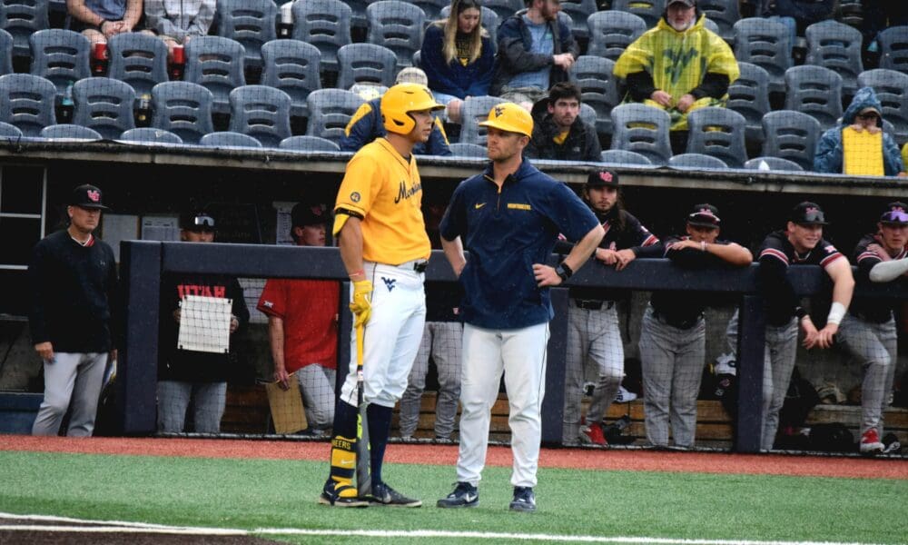 WVU Baseball HC Steve Sabins with player