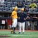 WVU Baseball HC Steve Sabins with player