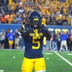 WVU Football Fred Perry celebrates going to overtime versus Pitt