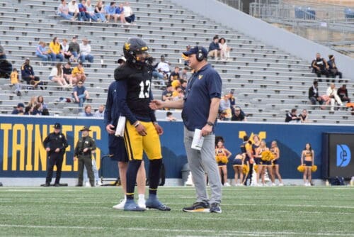 WVU Football HC Rich Rodriguez and QB Jaylen Henderson at Spring Showcase