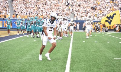 WVU Football QB Michael Hawkins celebrating