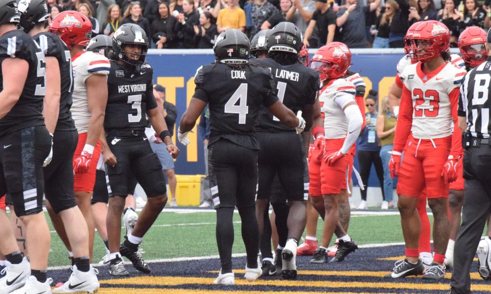 WVU Football QB Hawkins Celebrates TD with WR Cam Cook