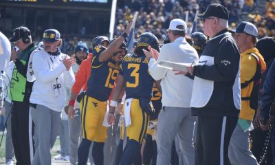 WVU QBs Michael Hawkins Jr and Max Anderson Celebrate