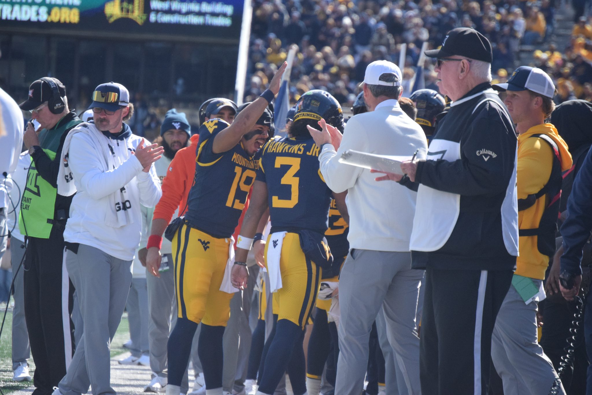WVU QBs Michael Hawkins Jr and Max Anderson Celebrate