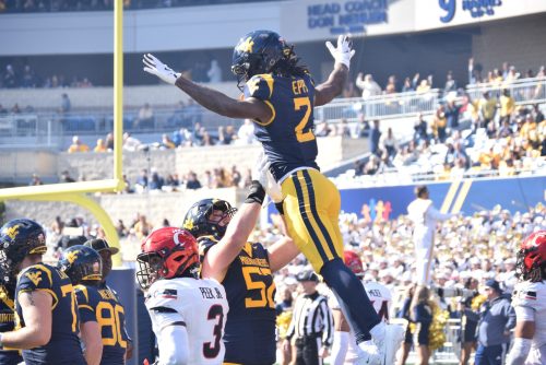 WVU Football WR DJ Epps celebrating a touchdown against Cincinnati