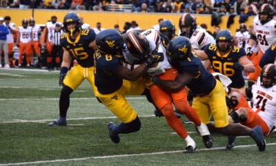 WVU Football Tyrin Bradley and Lee Kpogba tackle Oklahoma State RB Ollie Gordon