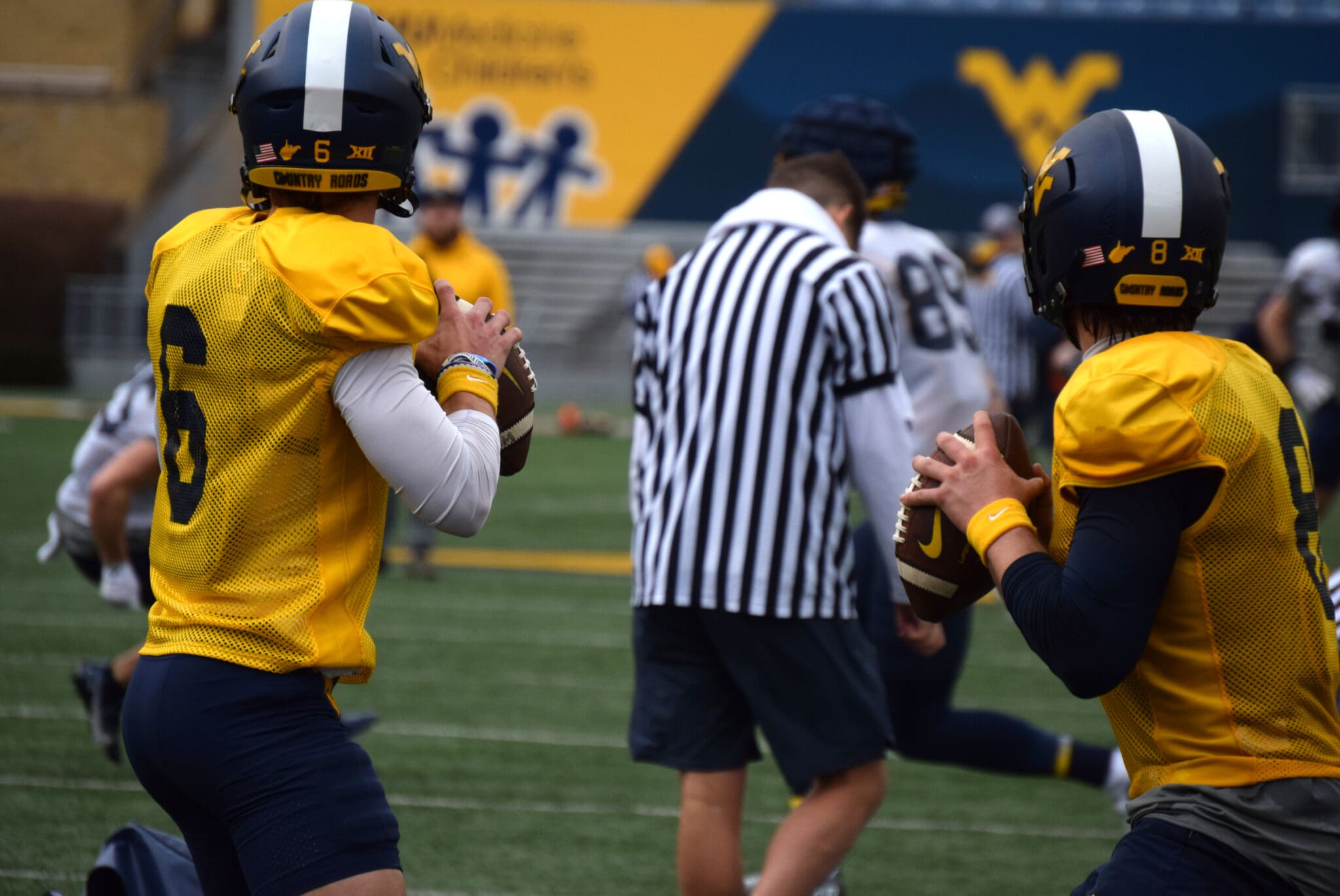 WVU Football quarterbacks Garrett Greene and Nicco Marchiol