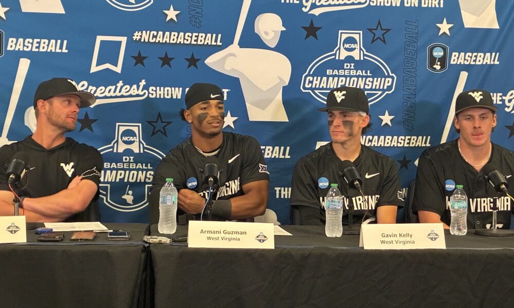 WVU Baseball HC Steve Sabins, Armani Guzman, Gavin Kelly and Maxx Yehl After Winning Regional
