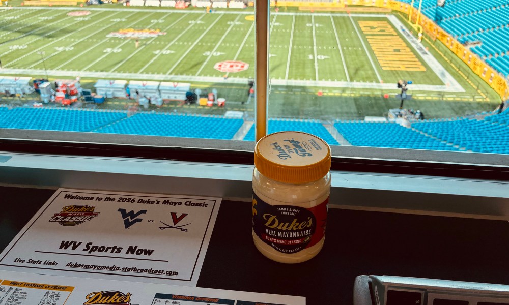 WV Sports Now card in Bank of America Stadium press box