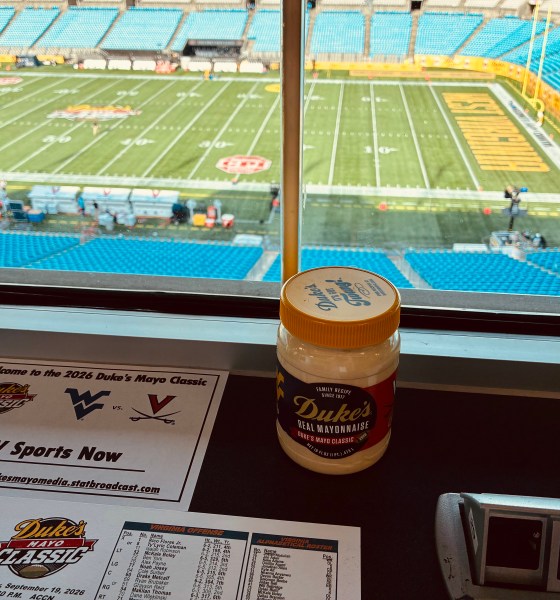 WV Sports Now card in Bank of America Stadium press box