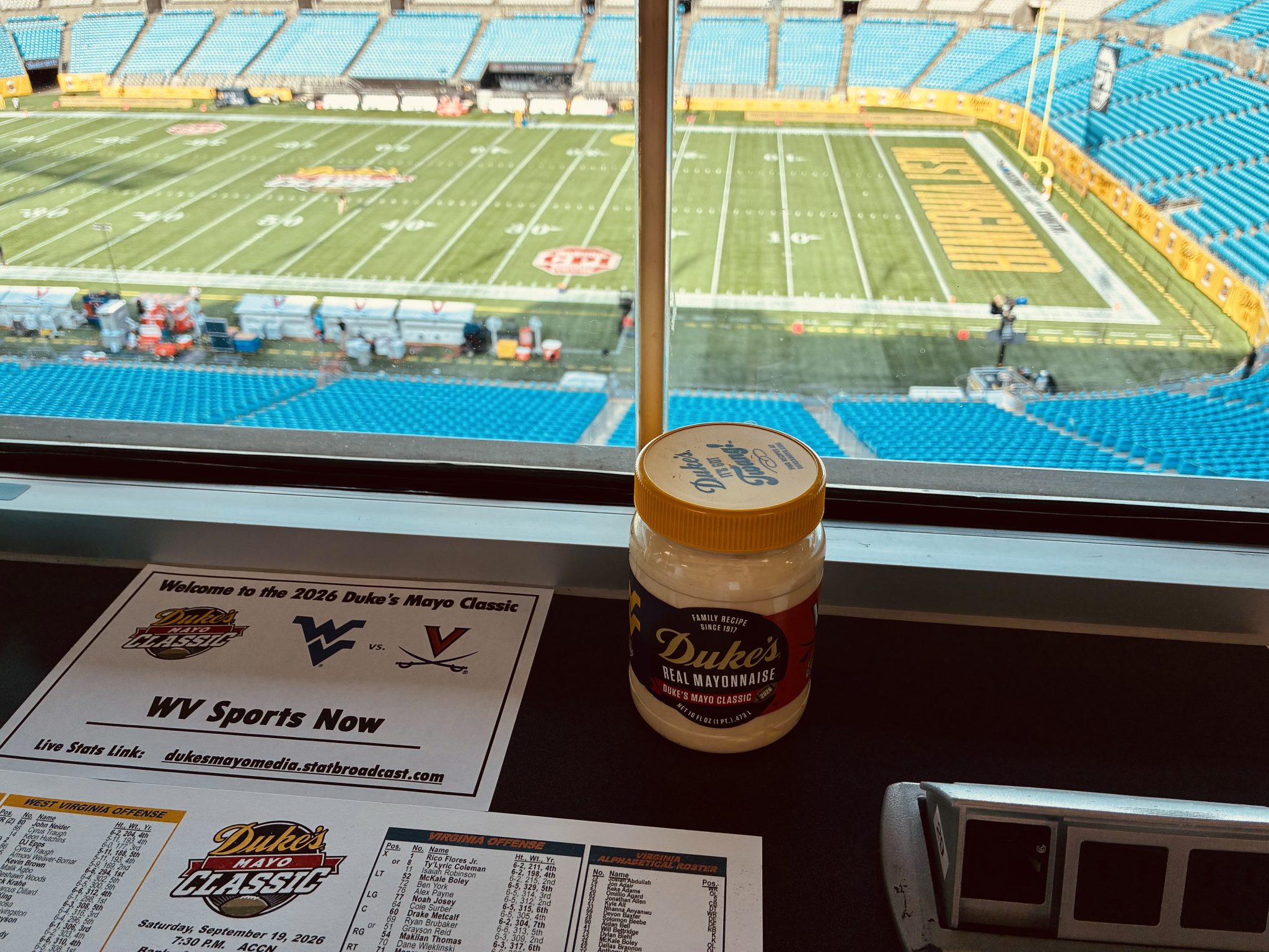 WV Sports Now card in Bank of America Stadium press box
