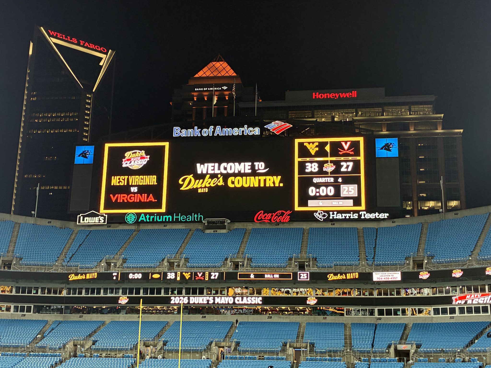 Scoreboard after WVU Football beat Virginia at Bank of America Stadium