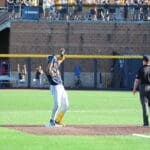 WVU Baseball Tyrus Hall hits a double