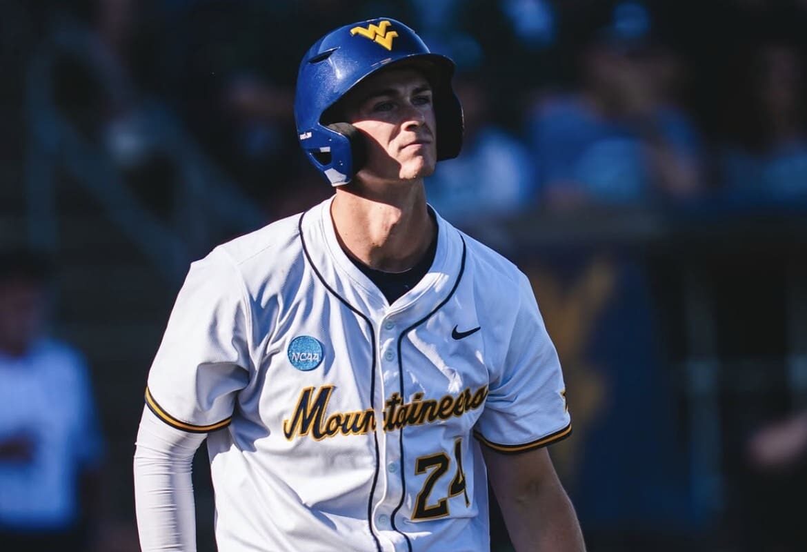 WVU Baseball outfielder Ben Lumsden reacts after slugging his first home run of the season in the Mountaineers' NCAA Tournament win over Binghamton. Image courtesy of WVU Baseball's Instagram account.