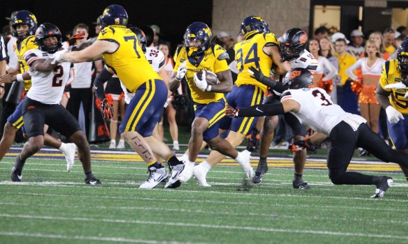 WVU Football RB Cam Cook running with TE Ryan Ward blocking