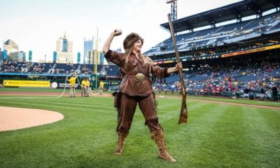 Mascot Mary Mountaineer takes the field during the Backyard Brawl at PNC Park.
