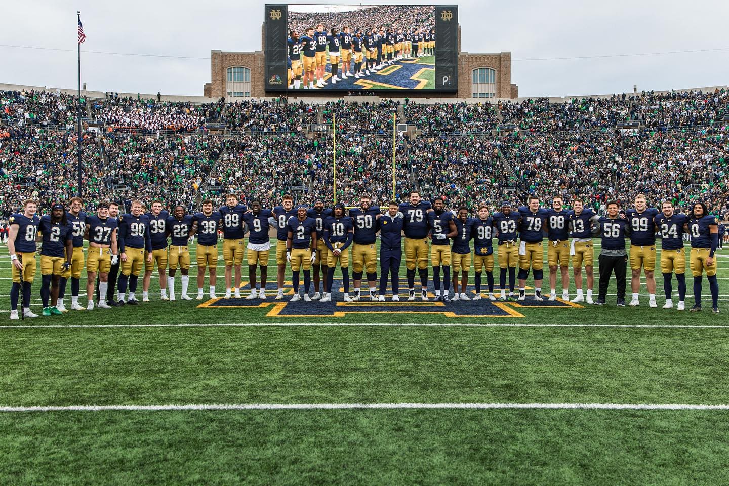 Notre Dame players and coaches on field