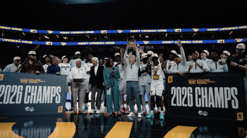 WVU Basketball celebrating College Basketball Crown title