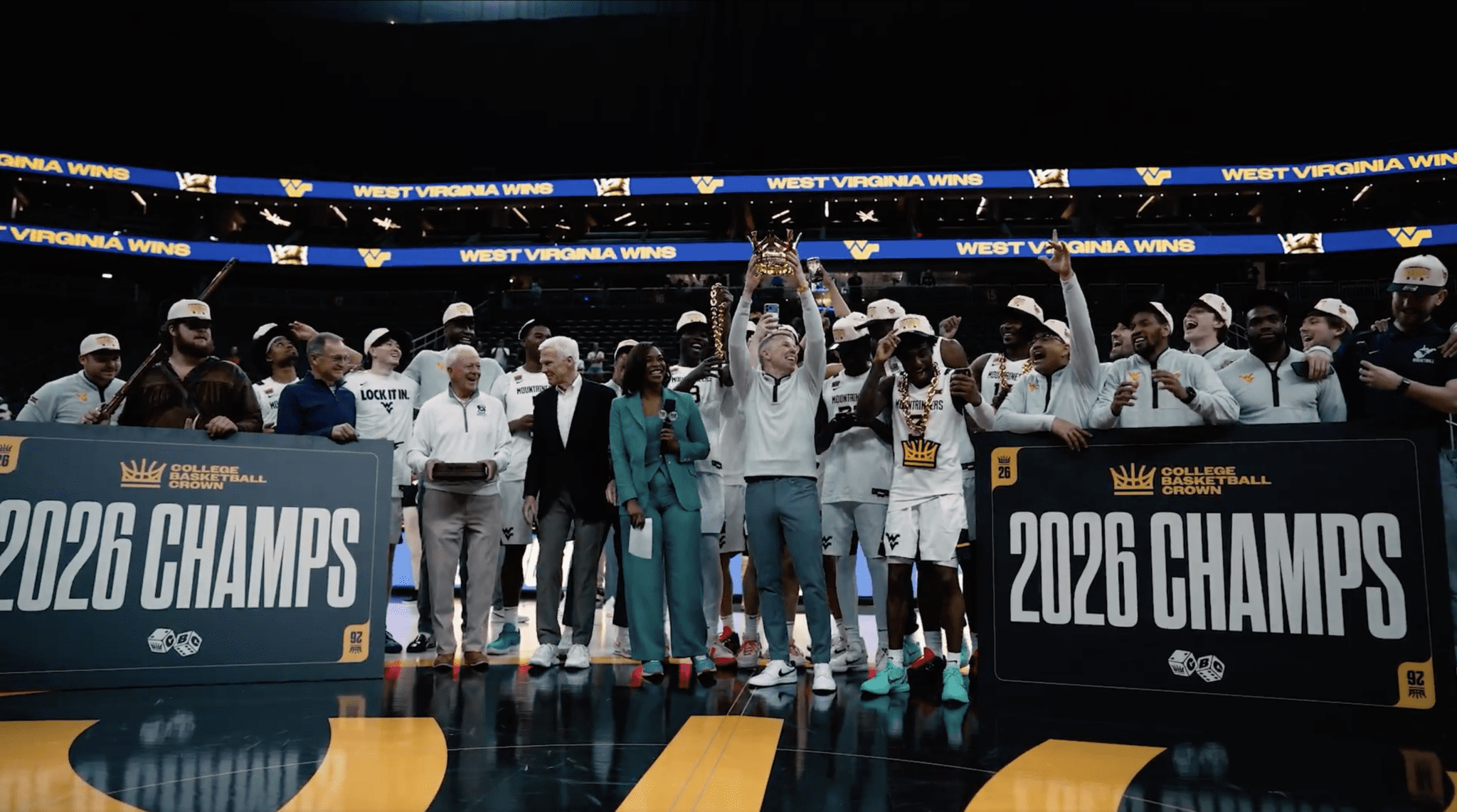 WVU Basketball celebrating College Basketball Crown title