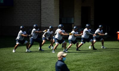 WVU football offensive line at practice