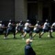 WVU football offensive line at practice