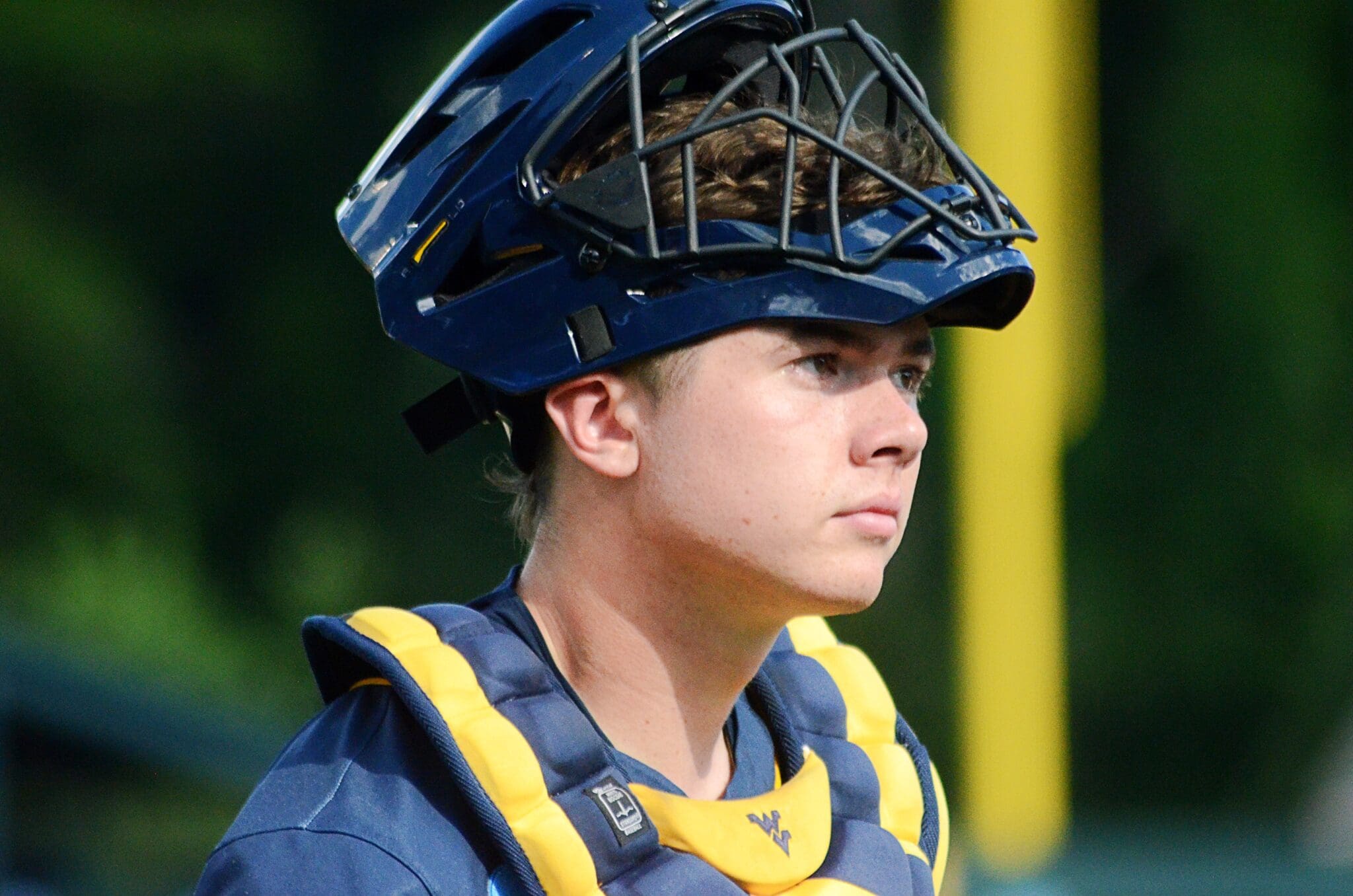 WVU Baseball catcher Logan Sauve during the Mountaineers' game against the Tar Heels in the NCAA Tournament Super Regionals on Friday, June 7, 2024, at Boshamer Stadium in Chapel Hill, N.C. (Mitchell Northam / WV Sports Now)