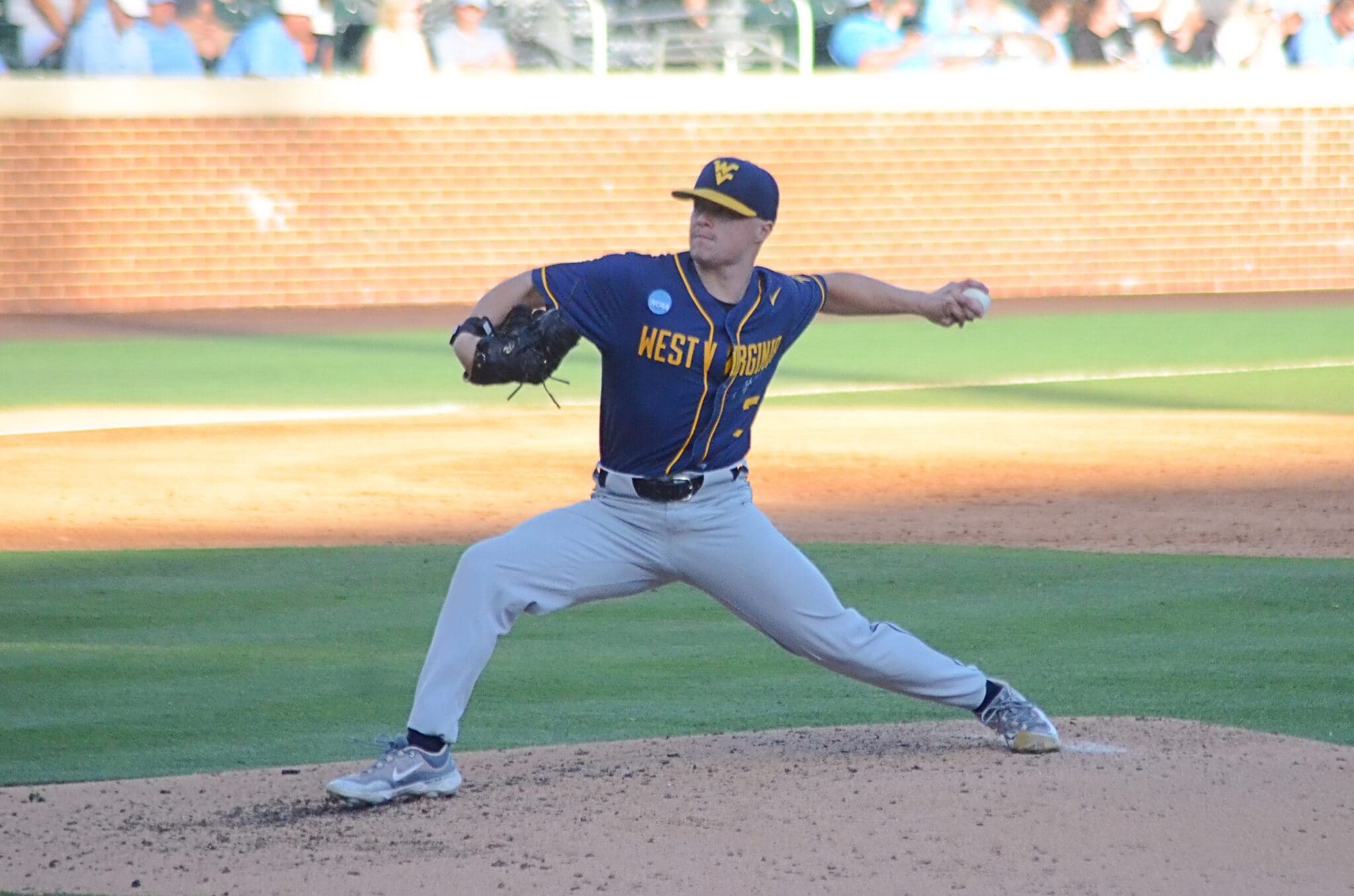 WVU Baseball pitcher Derek Clark pitches against UNC on June 7, 2024 at Boshamer Stadium in Chapel Hill, N.C. in the NCAA Tournament Super Regionals. (Mitchell Northam / WV Sports Now)