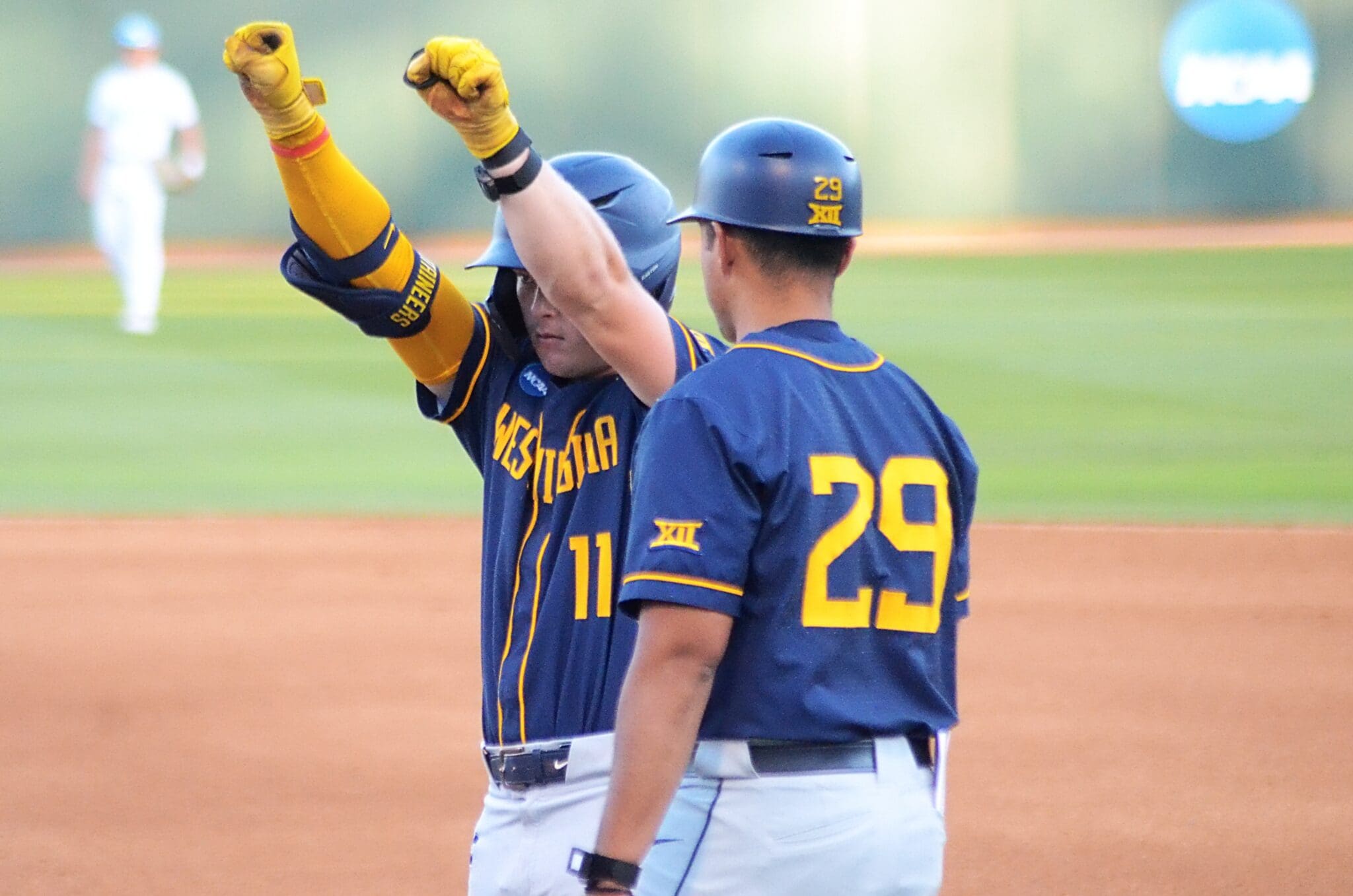 WVU Baseball Sam White celebrates getting on-base against UNC on June 7, 2024 at Boshamer Stadium in Chapel Hill, N.C. in the NCAA Tournament Super Regionals. (Mitchell Northam / WV Sports Now)